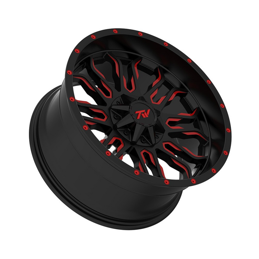TW Flame 20x10 6/139.7 -12 Offset Gloss Black with Red Milled Accents